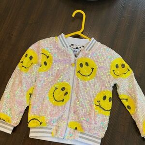 Lola + The Boys Sequin Jacket with Yellow Smiley